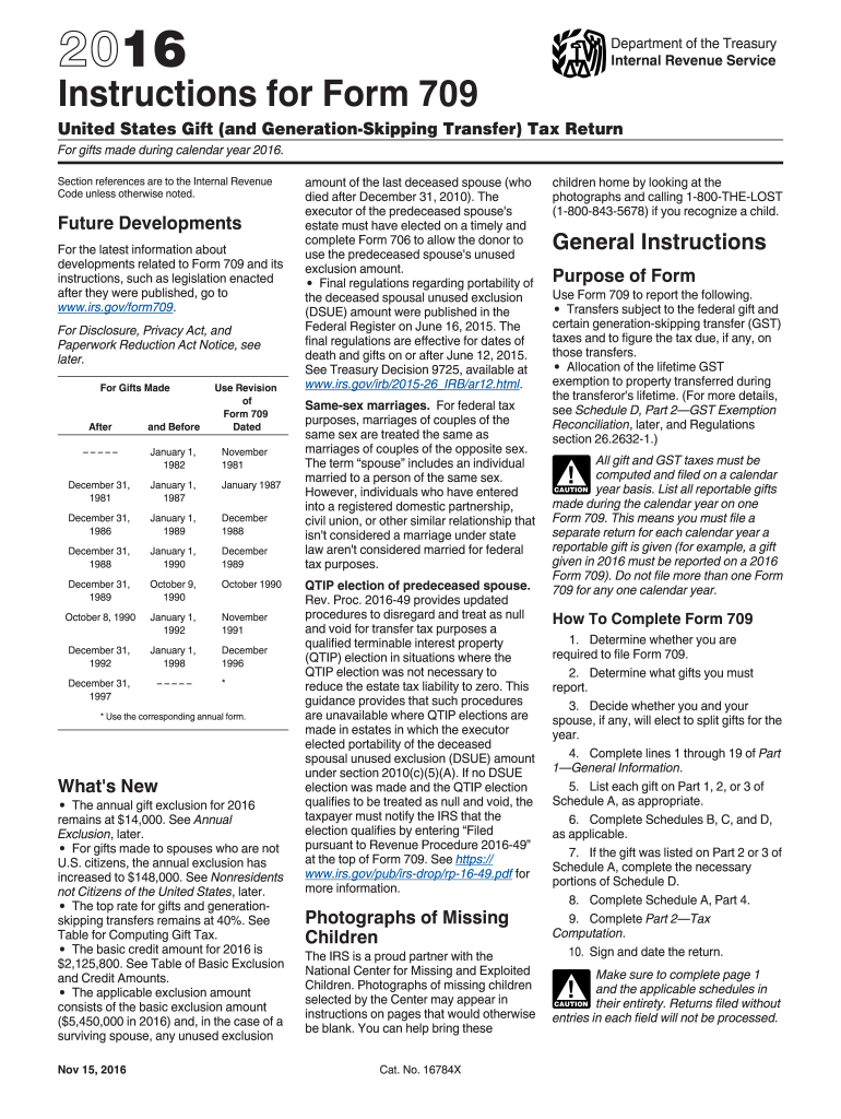  Irs Form 709 Instructions 2016