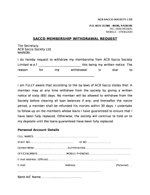 Sacco Withdrawal Letter Sample  Form