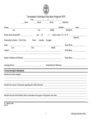 Tennessee&#039;s Individual Education Program IEP  Form