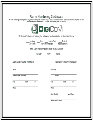 Alarm Monitoring Certificate  Form