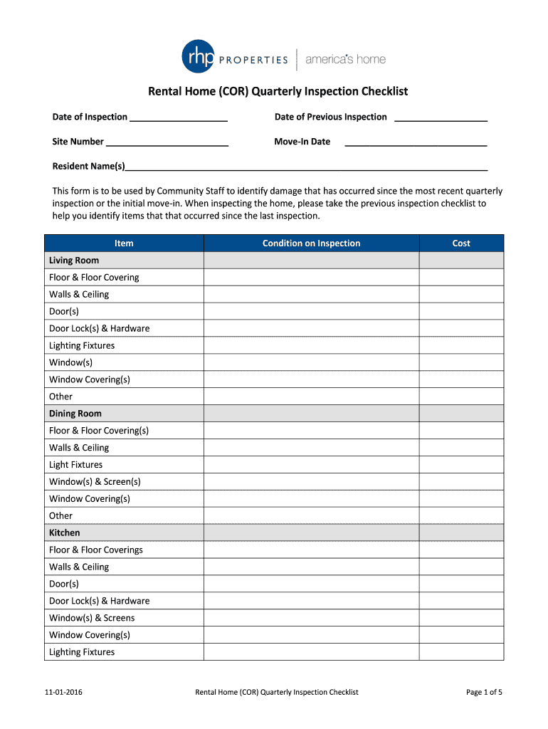 Rental Home COR Quarterly Inspection Checklist  Form