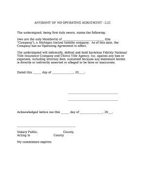 Affidavit of No Operating Agreement for Llc  Form