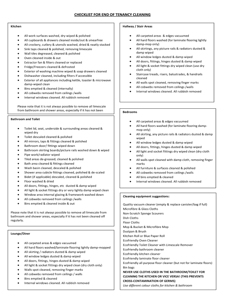 CHECKLIST for END of TENANCY CLEANING  Form