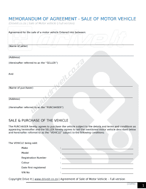 Memorandum of Agreement Sale of Motor Vehicle  Form