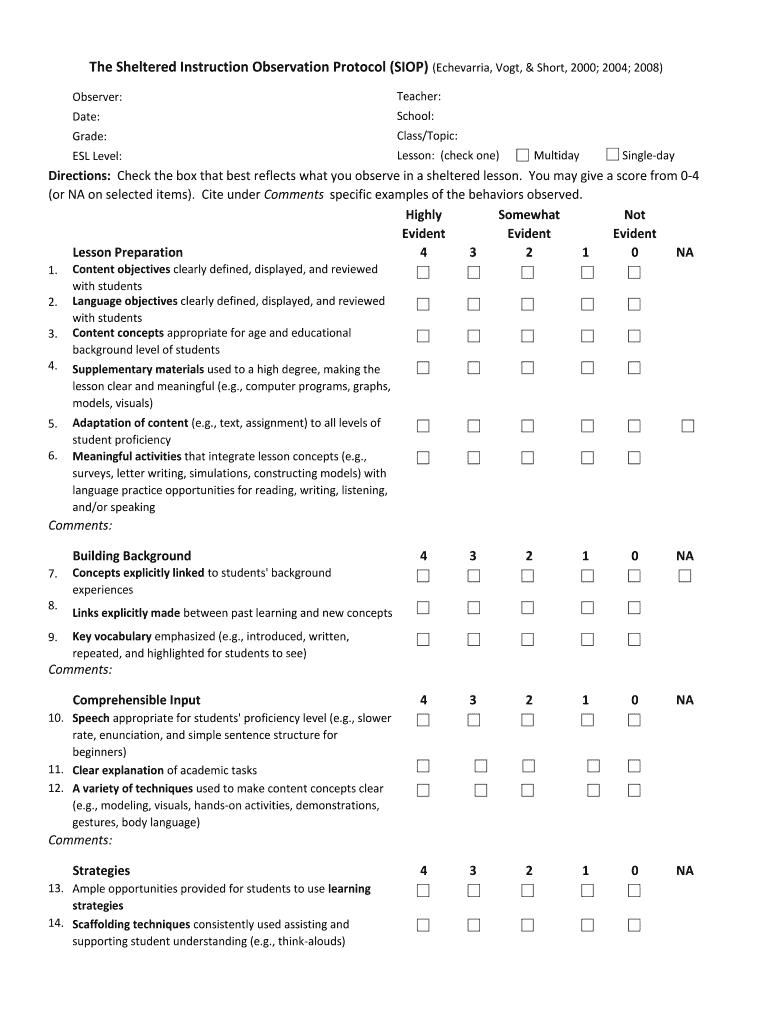 Siop Observation Protocol Checklist  Form