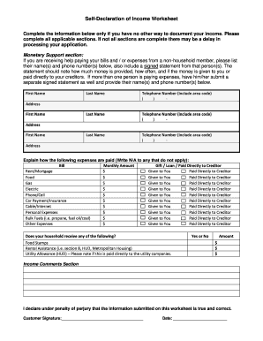 Self Declaration of Income Worksheet  Form