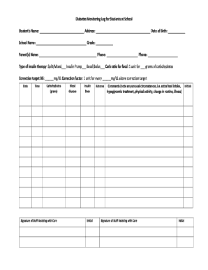 Diabetes Monitoring Log for Students at School  Form