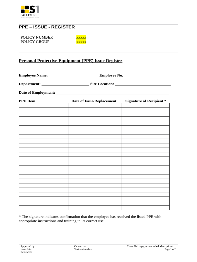 Ppe Issue Register  Form