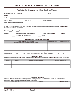 Application for Employment as School Bus DriverMonitor  Form