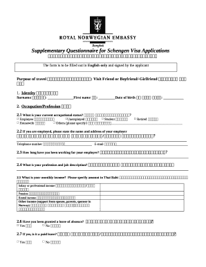 Supplementary Questionnaire for Schengen Visa Applications  Form