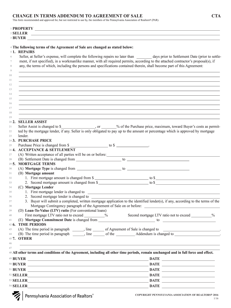 The Following Terms of the Agreement of Sale Are Changed as Stated below  Form