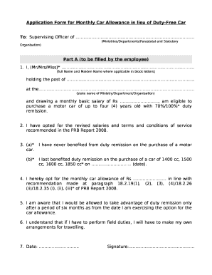 Application Form for Monthly Car Allowance in Lieu of Duty Car Mauritius