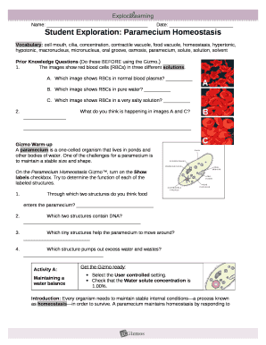 Gizmos Student Exploration Paramecium Homeostasis Answer Key  Form