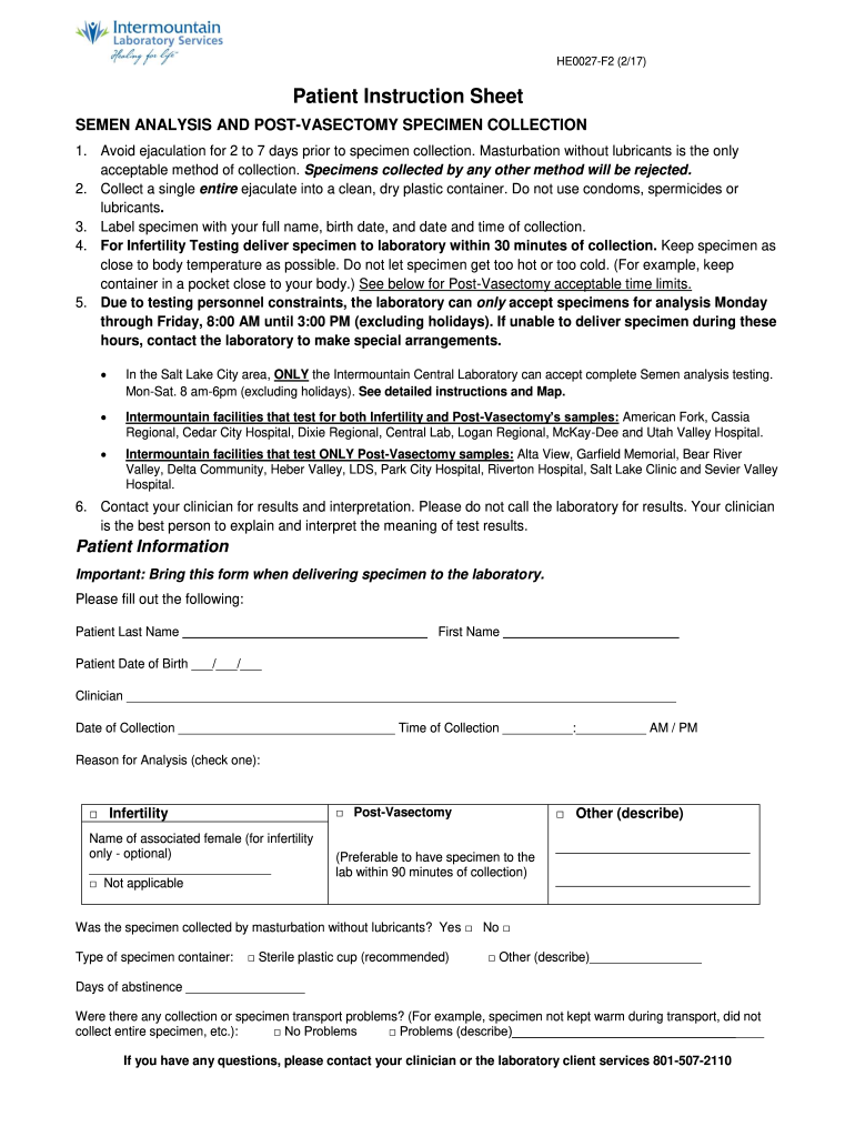  SEMEN ANALYSIS and POST VASECTOMY SPECIMEN COLLECTION 2017-2024