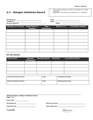 Allergen Validation Template Form
