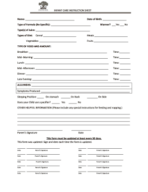 Infant Care Instruction Sheet  Form