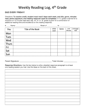 Weekly Reading Log, 4th Grade  Form