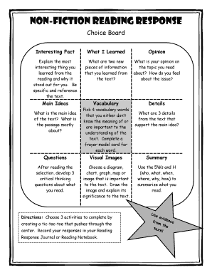 Nonfiction Reading Response Choice Board  Form