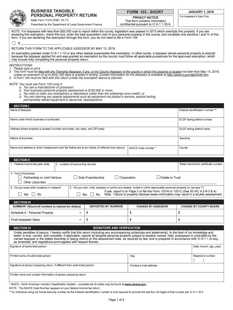  Indiana Form 11274 2017