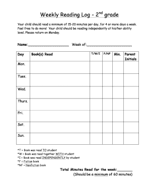Weekly Reading Log 2nd Grade  Form
