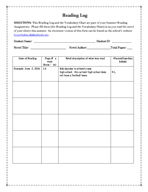 DIRECTIONS This Reading Log and the Vocabulary Chart Are Part of Your Summer Reading  Form