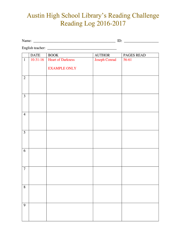 Austin High School Librarys Reading Challenge  Form