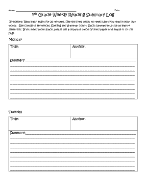 Grade Weekly Reading Summary Log  Form