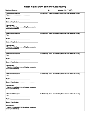 Nease High School Summer Reading Log  Form