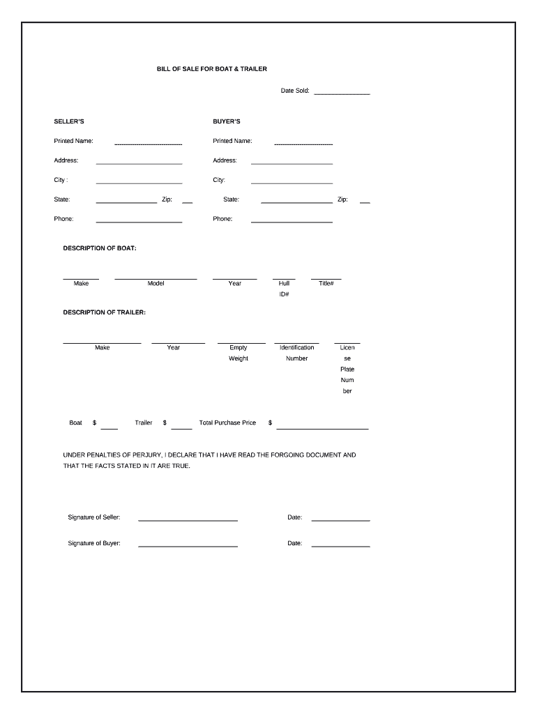 BILL of SALE for BOAT &amp; TRAILER  Form