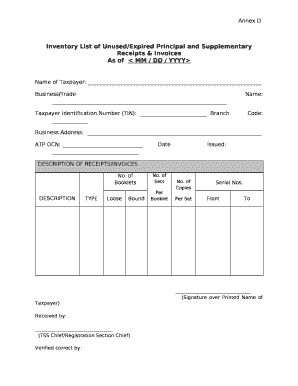 Inventory of Unused Official Receipts Bir  Form