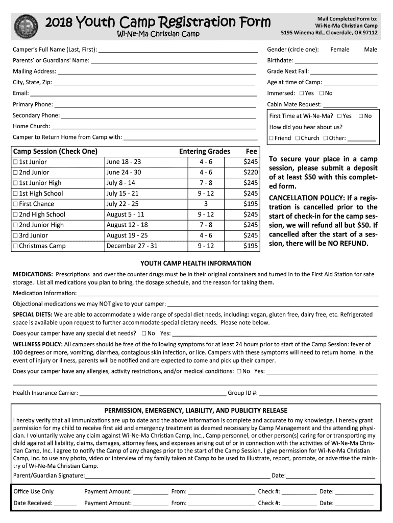  Youth Camp Registration Form 2018