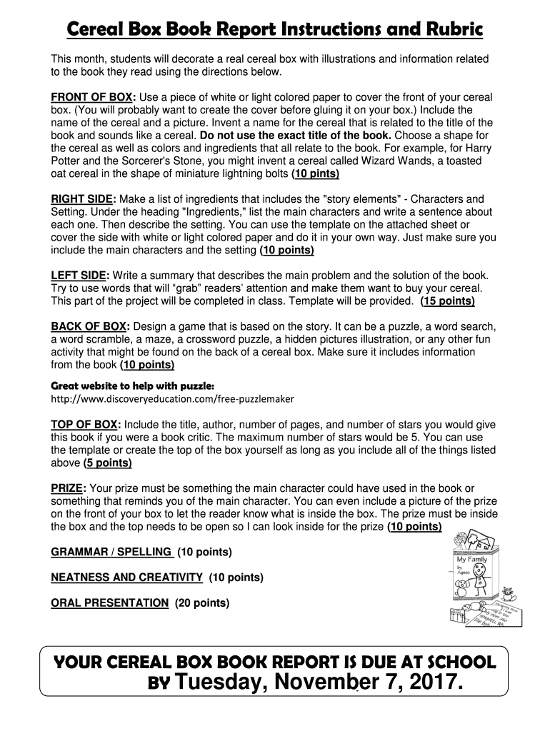  Cereal Book Report Rubric 2017-2024