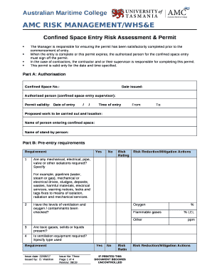 Confined Space Risk Assessment Excel  Form