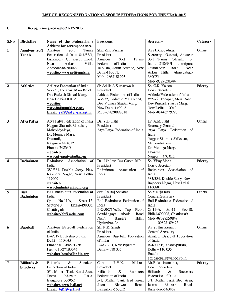 LIST of RECOGNISED NATIONAL SPORTS FEDERATIONS for the YEAR  Form