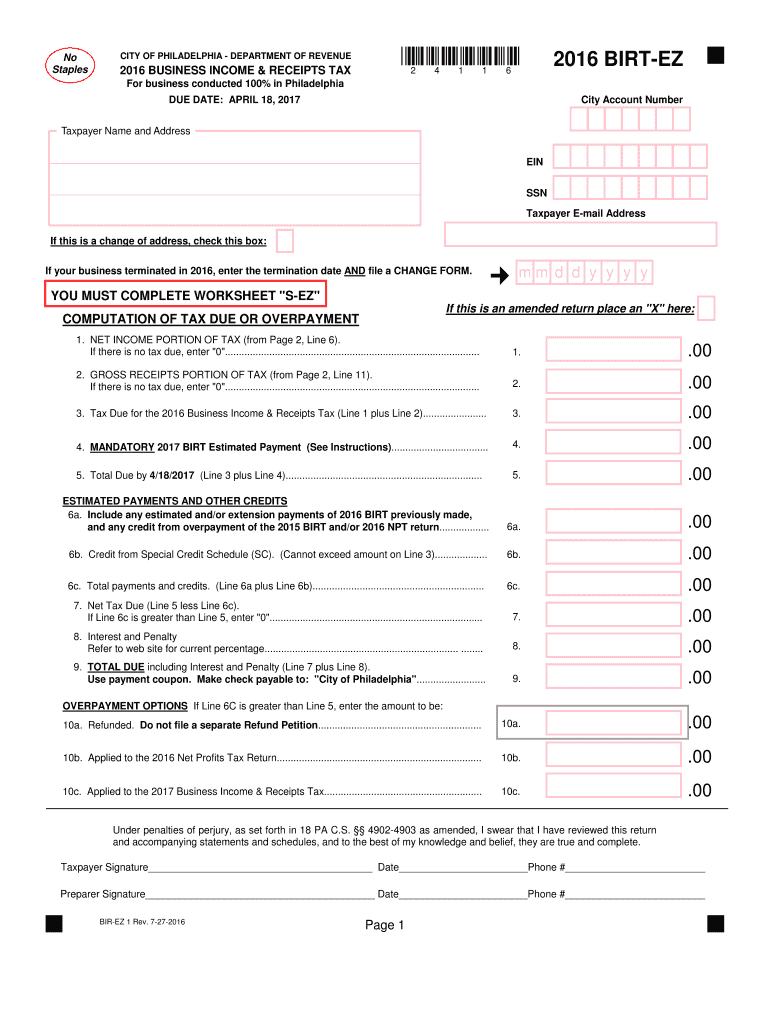  Philadelphia Ez Form 2016