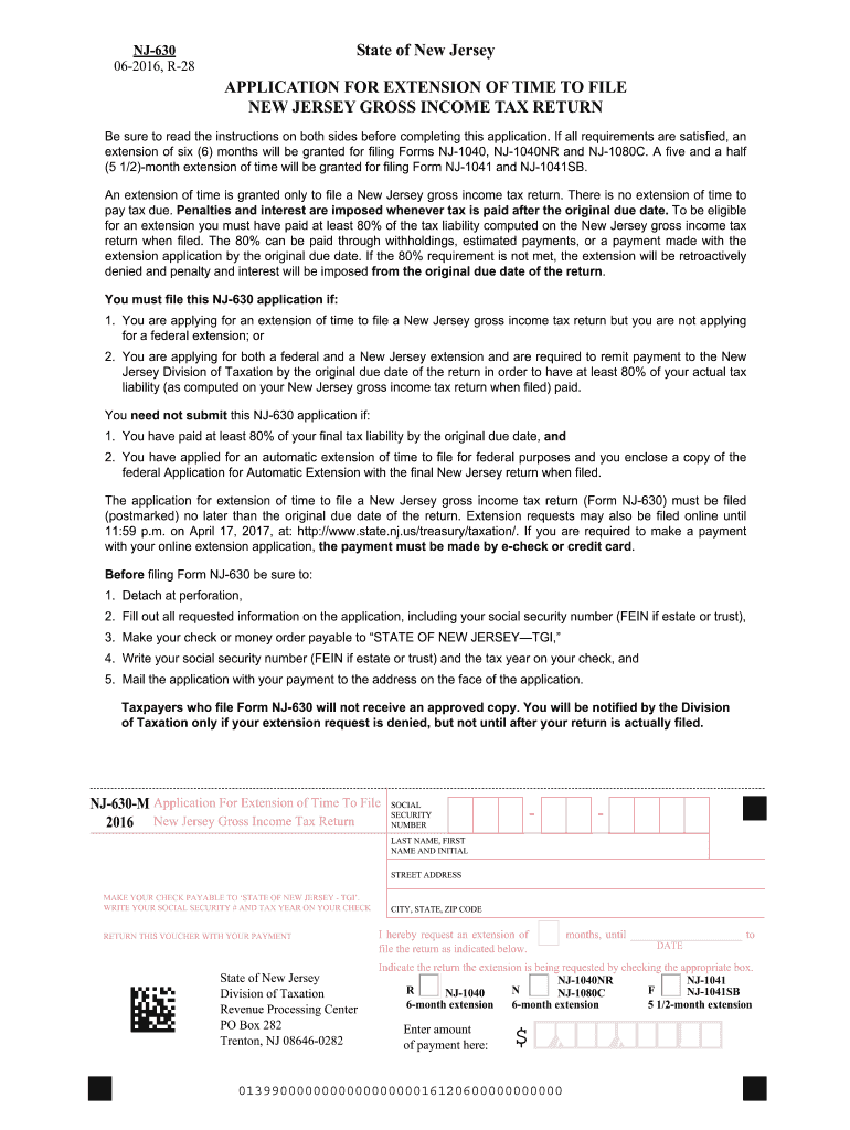  NJ Form 630 Application for Extension of Time to File NJ Gross 2016