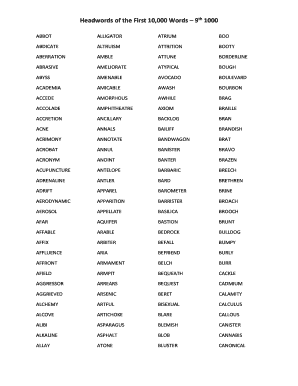 Headwords of the First 10,000 Words 9th 1000  Form