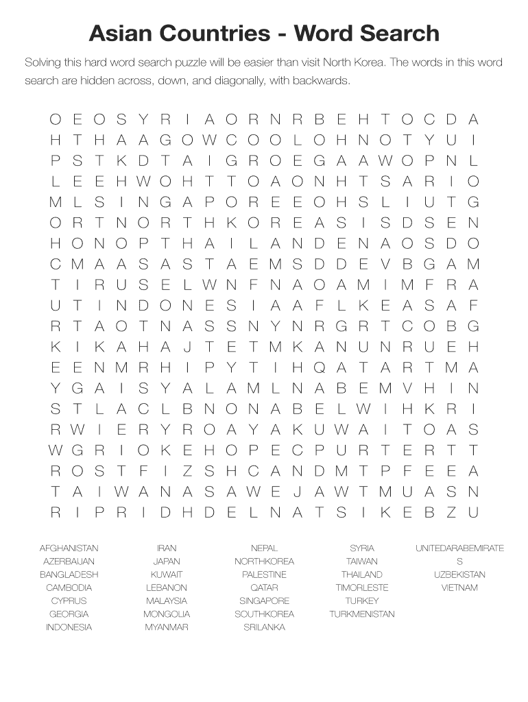 Asian Countries Word Search  Form