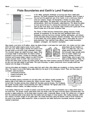 Plate Boundaries and Earth&#039;s Land Features Answer Key  Form