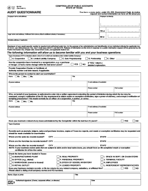 Form 00 750, Audit Questionnaire PDF Texas Comptroller