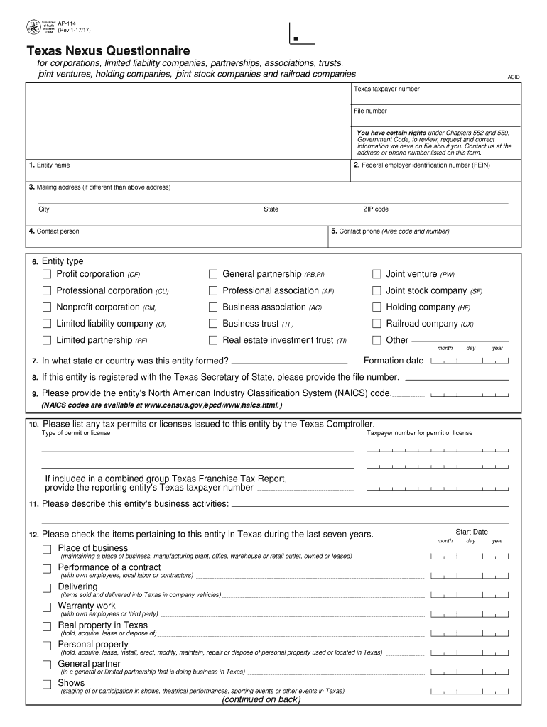  Texas Form Ap114 2017