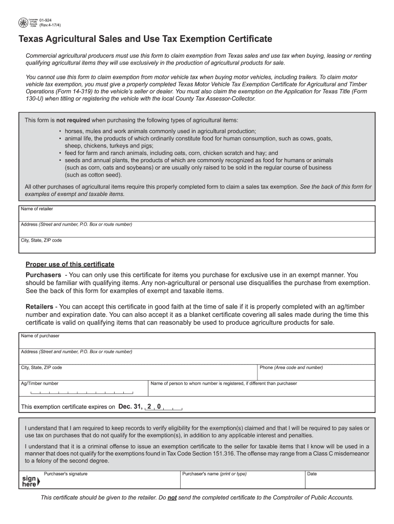 Texas Ag Exemption Form