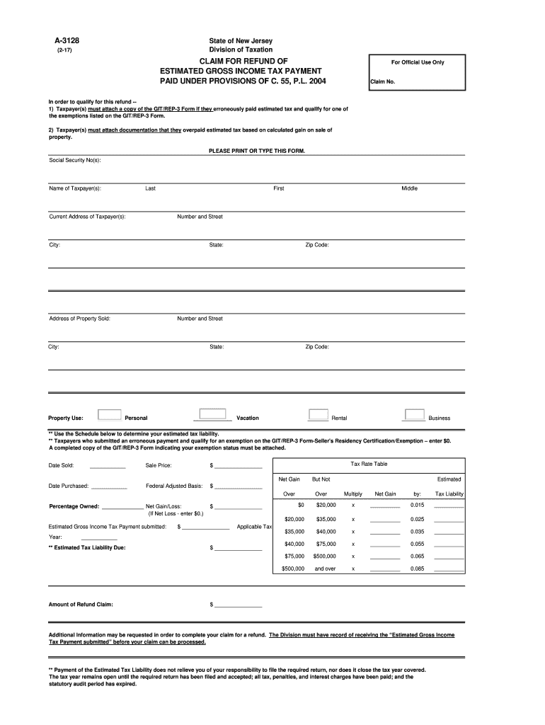  Nj Claim for Refund Form 2017