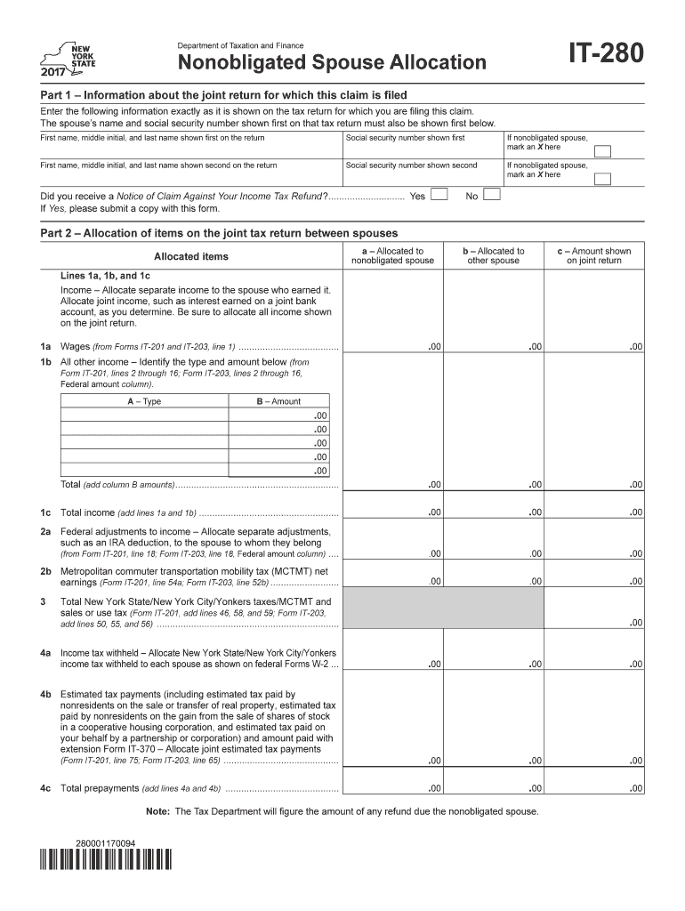  Can I File New York's Nonobligated Spouse Allocations  Form it 280 2017