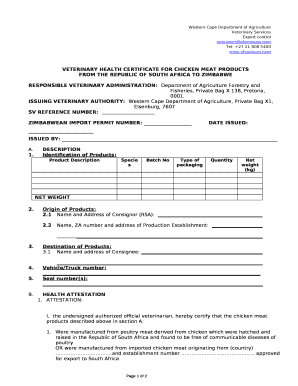 VETERINARY HEALTH CERTIFICATE for CHICKEN MEAT PRODUCTS  Form