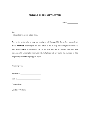 FRAGILE INDEMNITY LETTER  Form