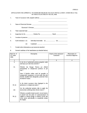 APPLICATION for APPROVAL to ENERGISE MEDIUM VOLTAGE INSTALLATIONUNDER RULE 72 of INDIAN RULES, 1956  Form