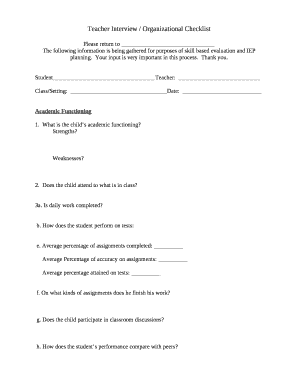Teacher Interview Organizational Checklist  Form