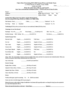 Deer Processing Order Forms