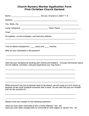 Church Nursery Worker Application Form